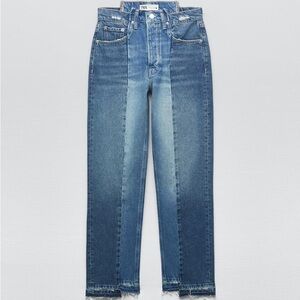 Zara Contrast Cropped Fray Straight Leg Jeans